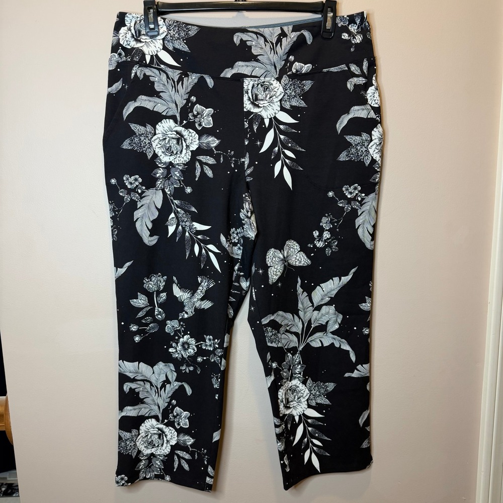 Women with Control Floral Butterfly Crop Pants Black White XL Renee Greenstein